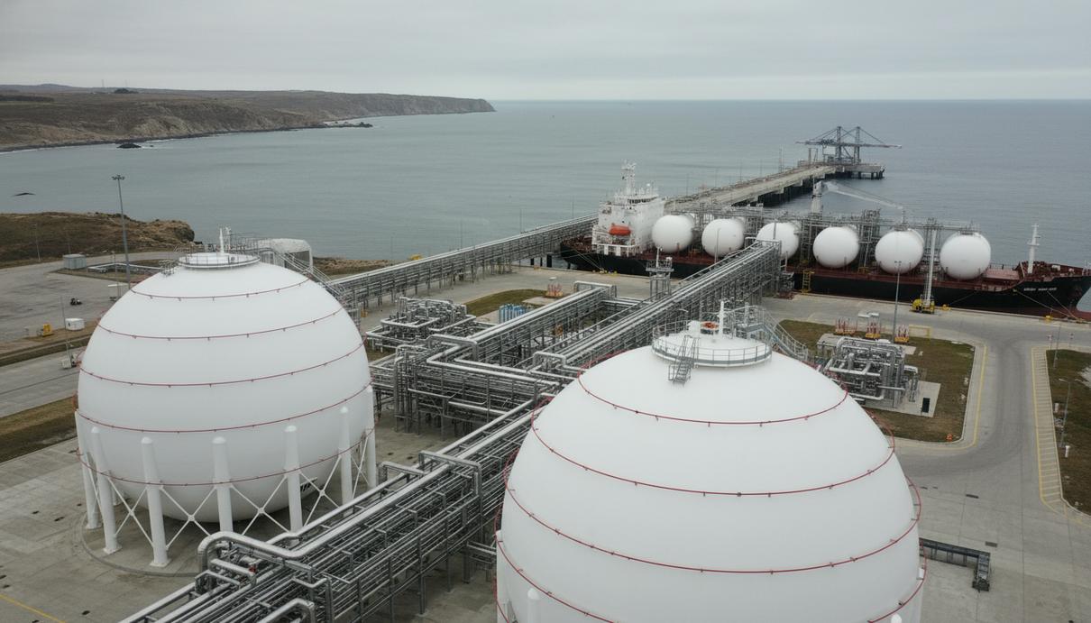 Промышленный береговой терминал со сферическими резервуарами и судном для перевозки сжиженного газа