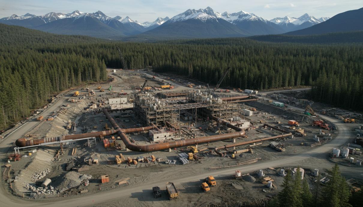 Строительная площадка газовой компрессорной станции с трубами на фоне горного хребта и леса.