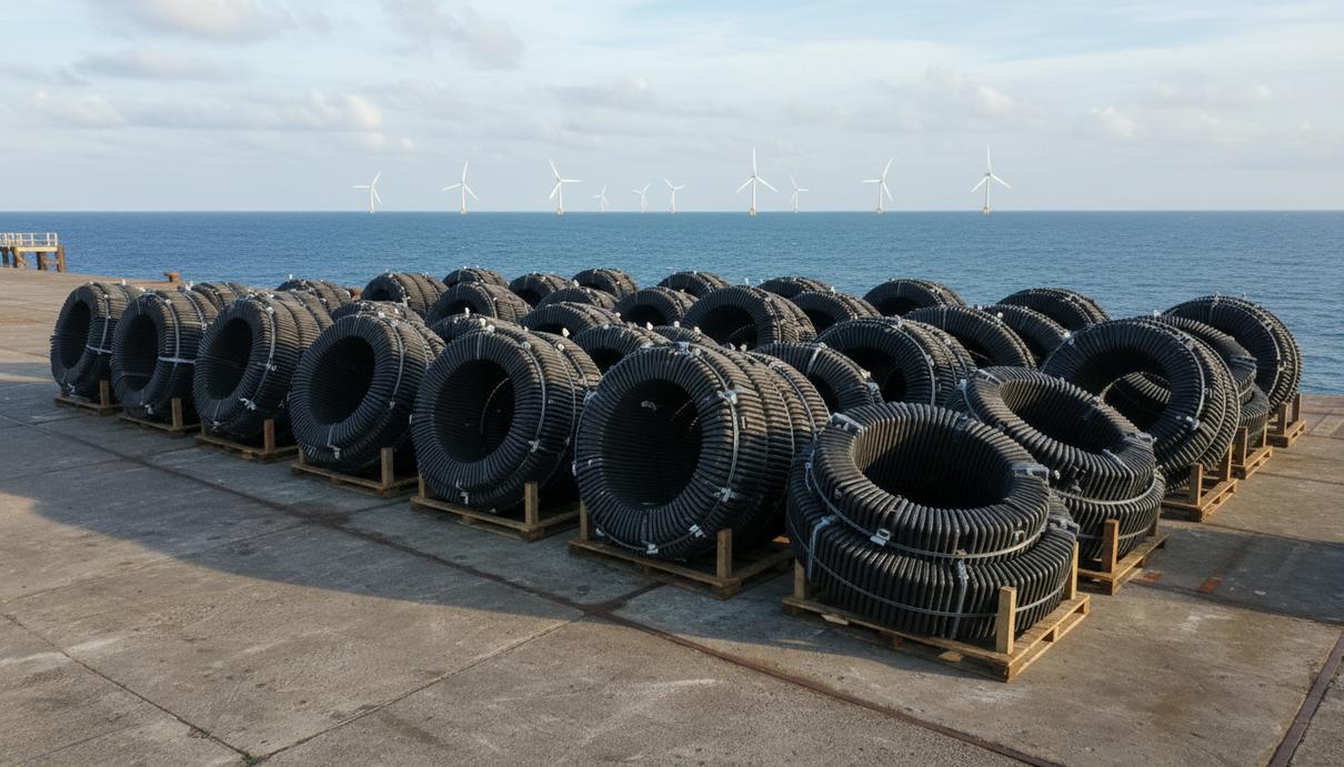 Секции полимерных систем защиты подводного кабеля на фоне морского горизонта и ветровых генераторов