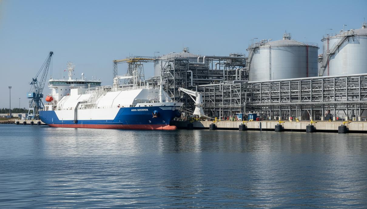 Танкер для перевозки сжиженного газа у причала промышленного морского терминала в Клайпеде.