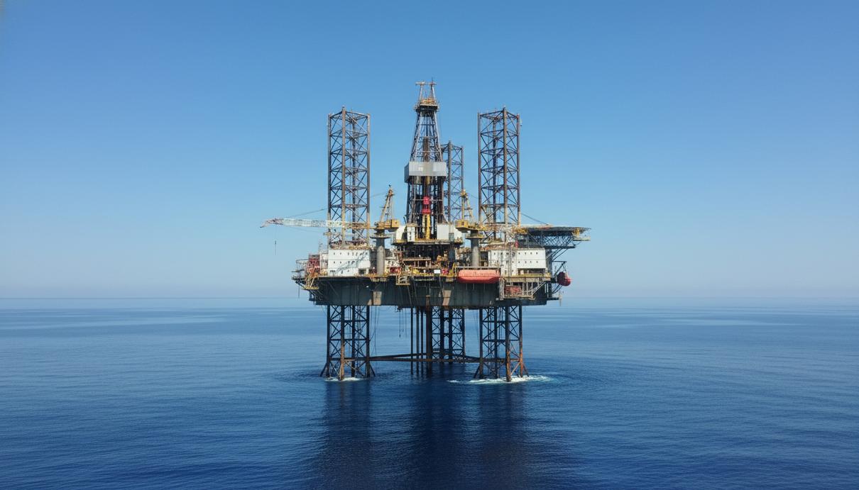 Самоподъемная буровая установка в открытом море на фоне ясного неба.