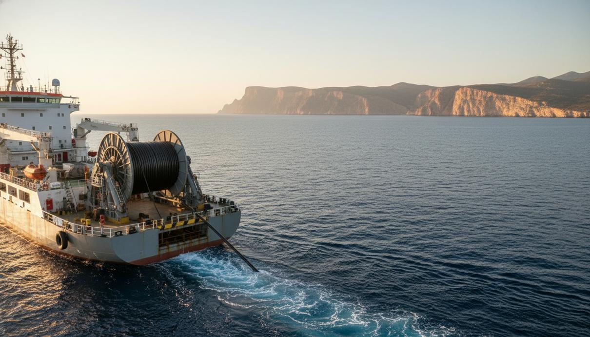 Промышленное судно для прокладки подводного кабеля в море на фоне горизонта