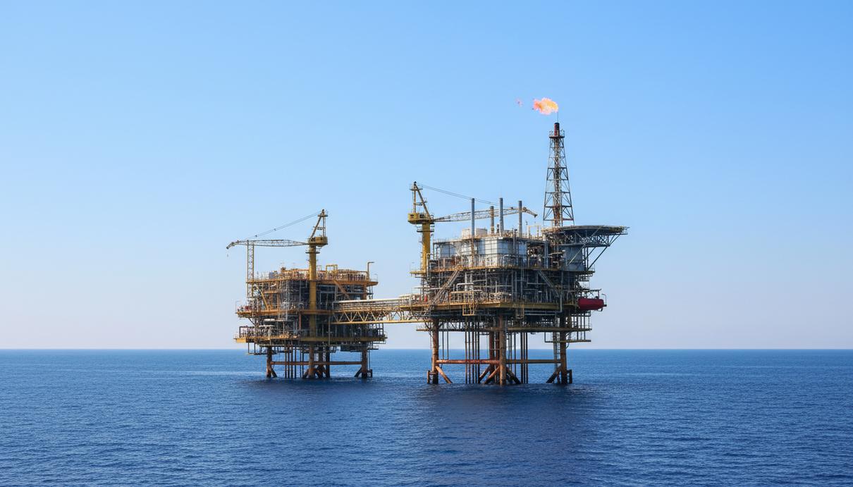 Морская газодобывающая платформа на мелководном шельфе в окружении спокойной воды