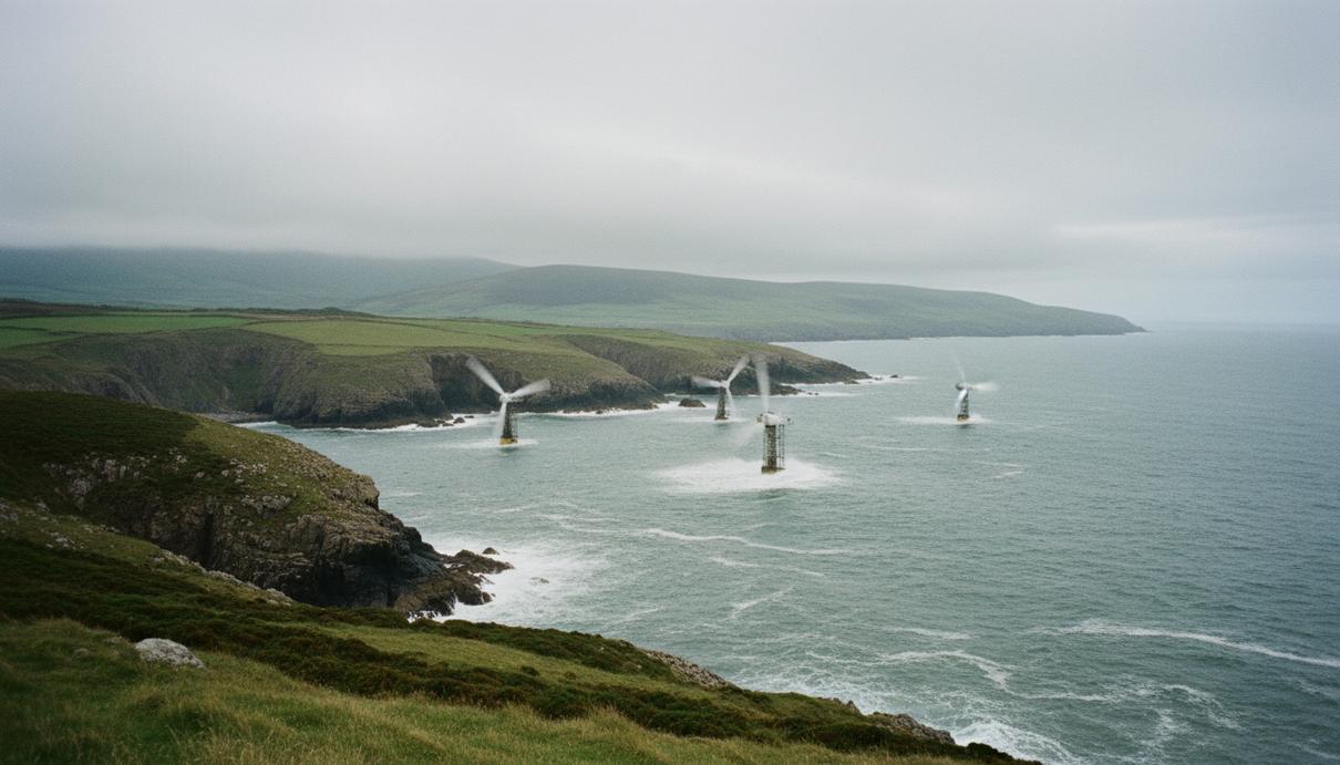Современные приливные энергоустановки в прибрежных водах на фоне зеленых холмов и скалистого побережья.