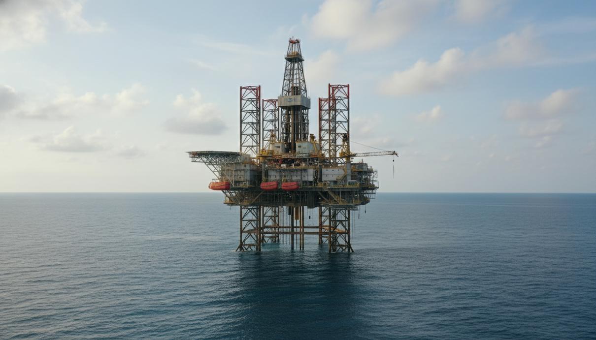 Современная самоподъемная буровая платформа в открытом море на фоне горизонта