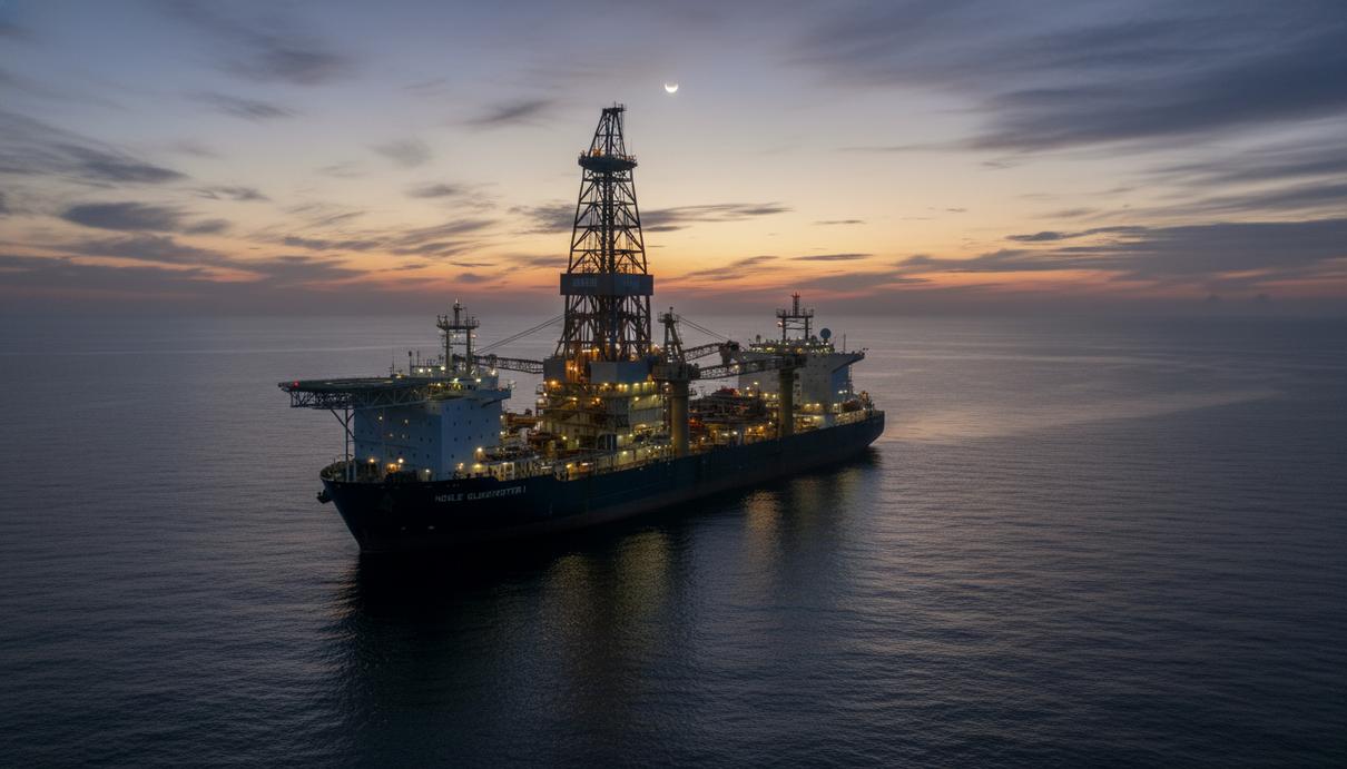 Промышленное буровое судно с высокой металлической вышкой в открытом море на фоне вечернего неба.