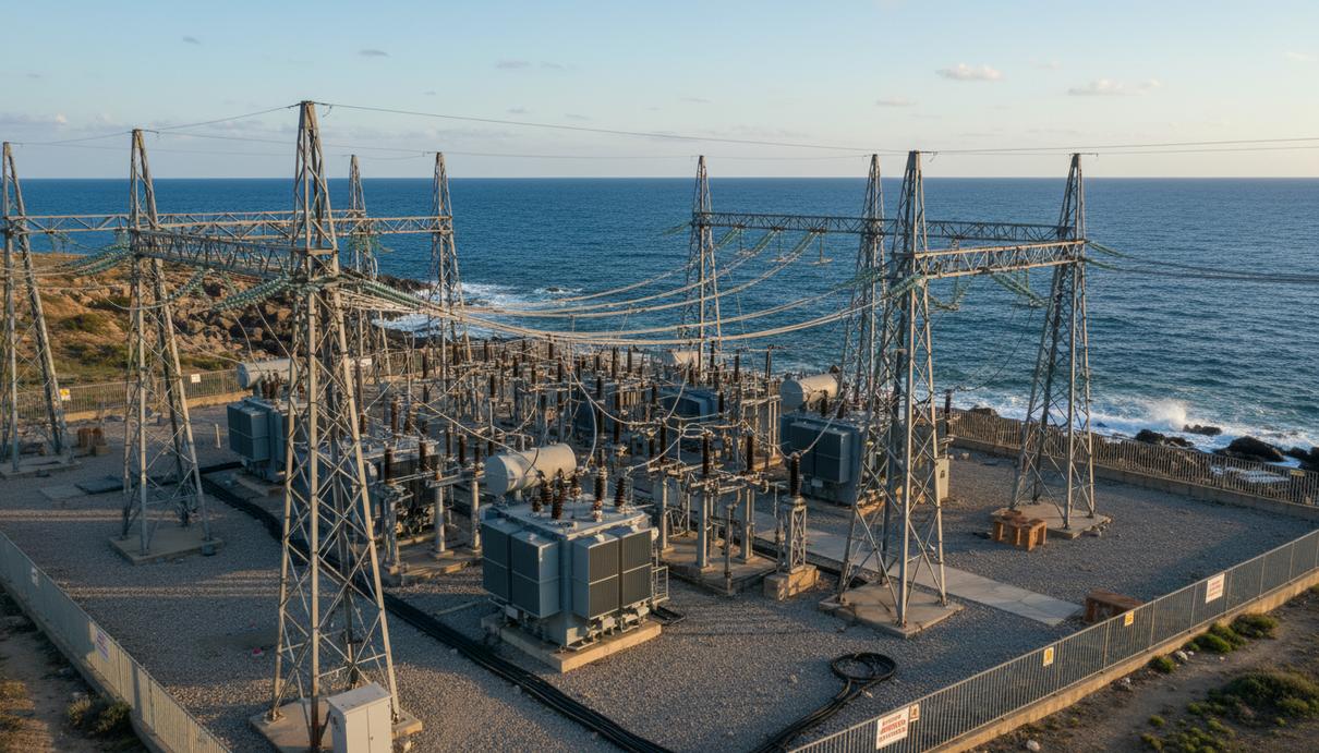 Промышленная электроподстанция на берегу моря с трансформаторами и высоковольтными линиями электропередачи