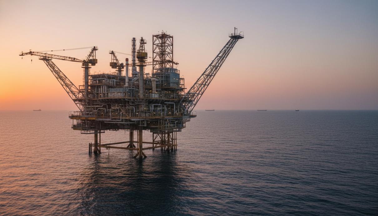 Газовая добывающая платформа Левиафан в Средиземном море на фоне заката