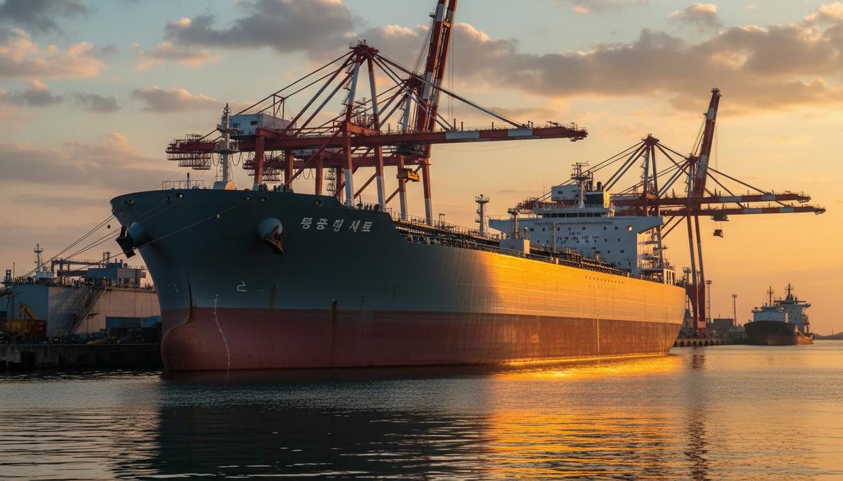 Современный танкер продуктовоз у причальной стенки судостроительной верфи на фоне портовых кранов.