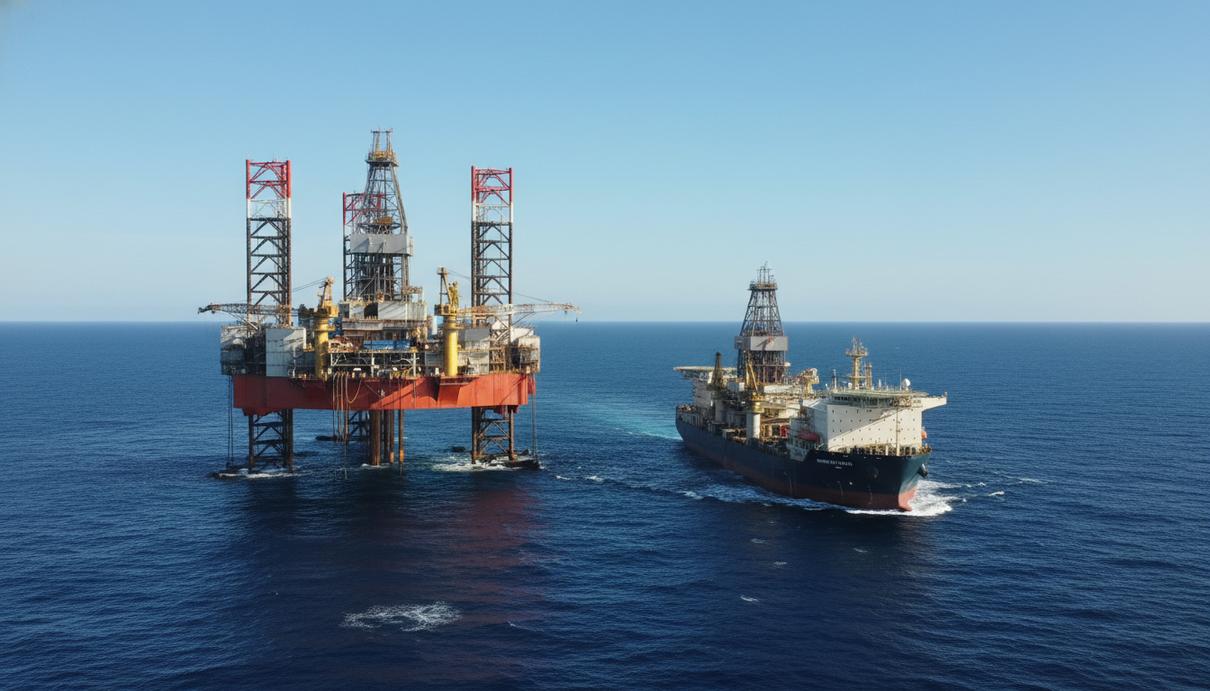 Офшорная полупогружная буровая установка и буровое судно в открытом море
