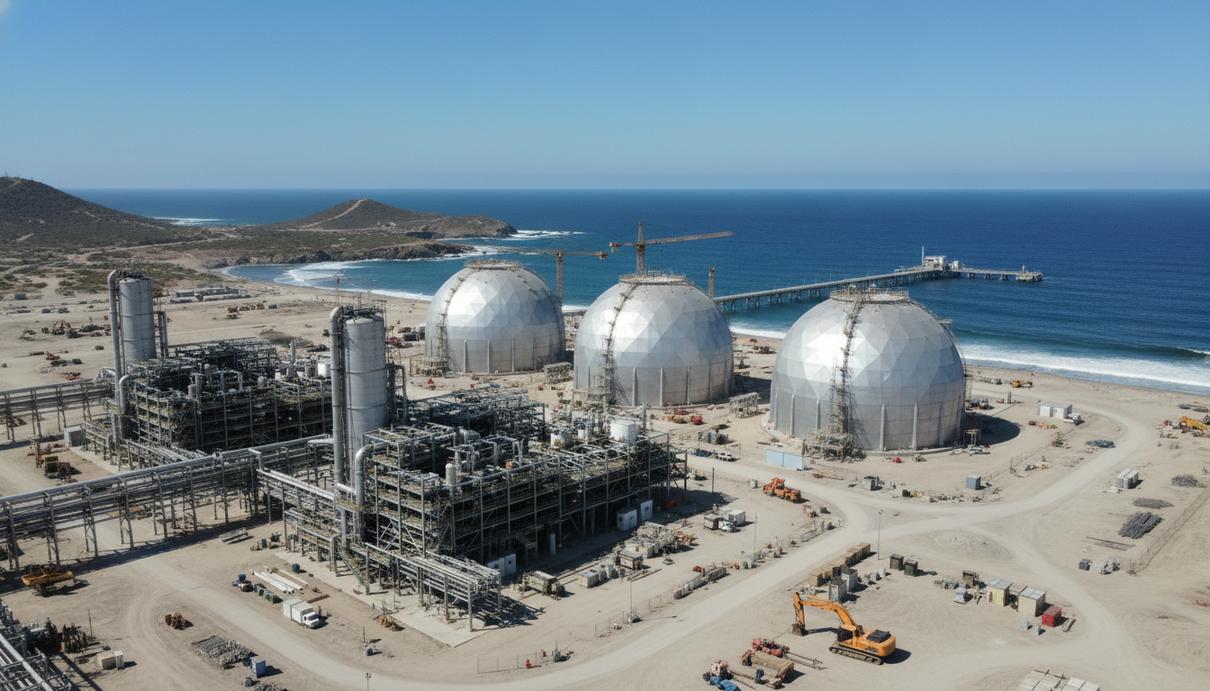 Промышленный терминал для экспорта сжиженного природного газа с резервуарами на берегу океана