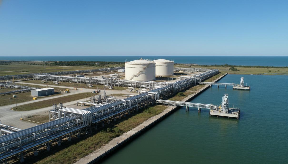 Промышленный терминал сжиженного природного газа с крупными резервуарами и сетью трубопроводов на побережье
