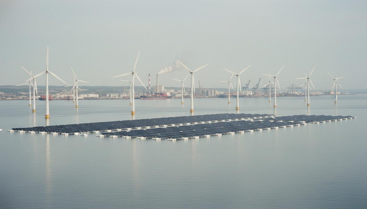 Прибрежные ветровые турбины и плавучие солнечные батареи на морской поверхности