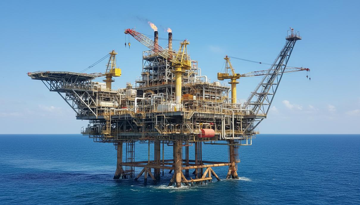 Индийская корпорация ONGC сообщила о пожаре на месторождении Мумбай Хай Морская нефтедобывающая платформа с металлическими вышками и трубопроводами в открытом океане.