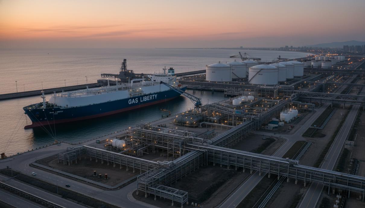 Танкер для перевозки сжиженного газа у причала терминала с массивными резервуарами на фоне заката.