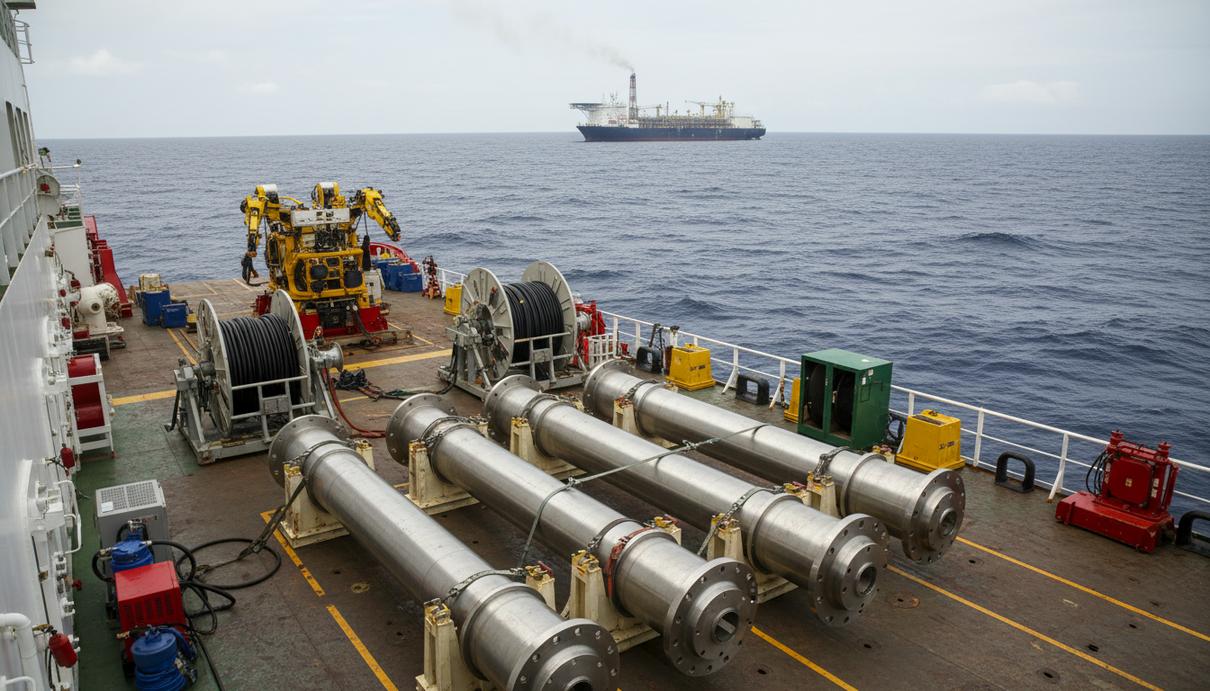 Титановые узлы для морской нефтедобычи на палубе промышленного судна на фоне плавучей платформы в океане