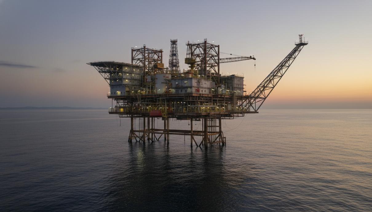 BW Energy продлила лицензию на разработку шельфового блока в Габоне до 2053 года Нефтяная добывающая платформа и буровая установка в море на фоне вечернего неба