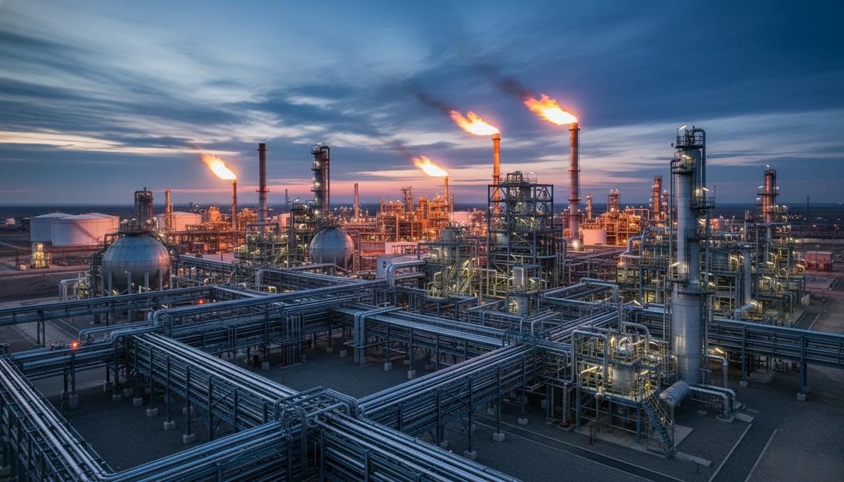 Индустриальный пейзаж с газоперерабатывающим заводом и факельными башнями в сумерках