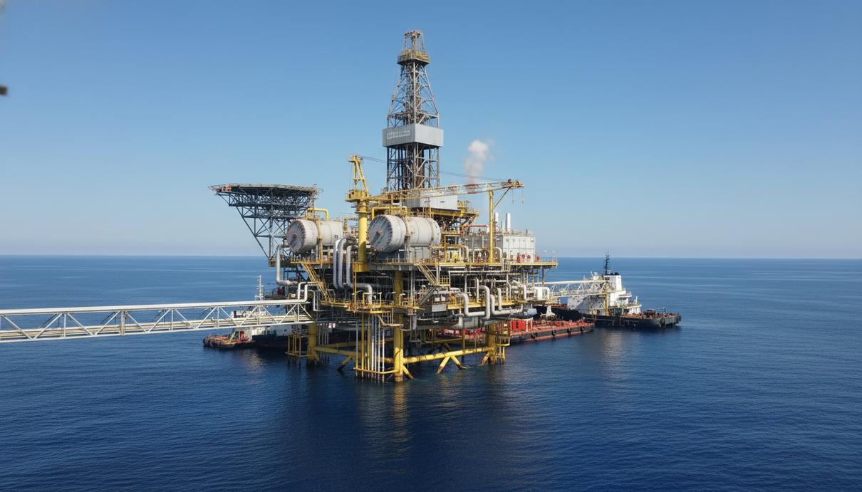 Eni обнаружила крупное месторождение газа на шельфе Египта Морская буровая платформа и промышленные конструкции в открытом море на фоне ясного неба