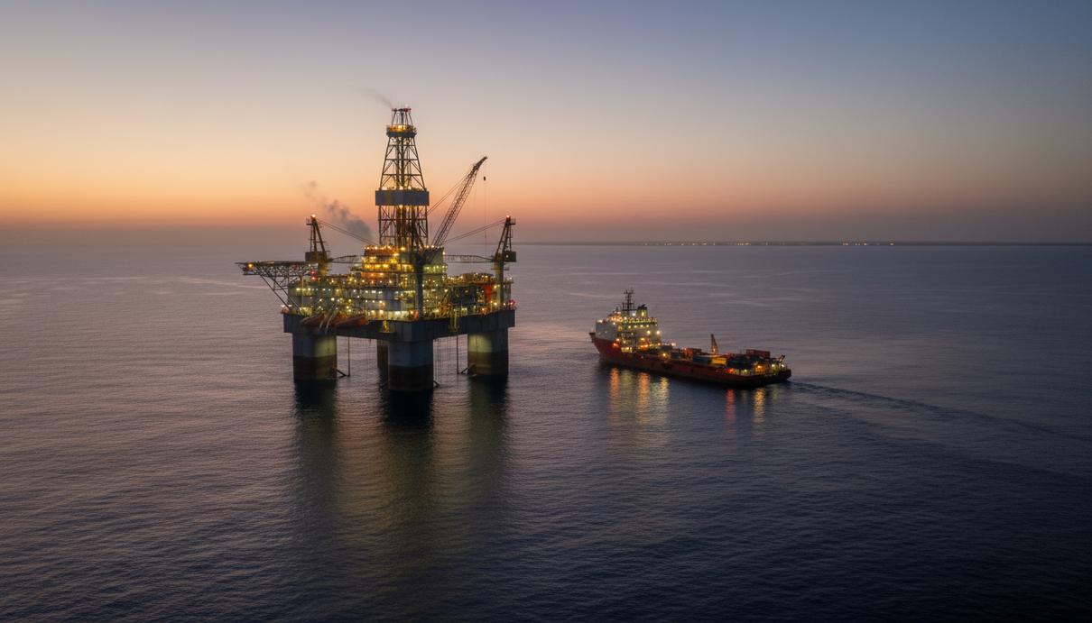 Halliburton, Valaris и Petronas договорились о разработке шельфа Суринама Современная полупогружная буровая установка и судно снабжения в открытом море на фоне заката