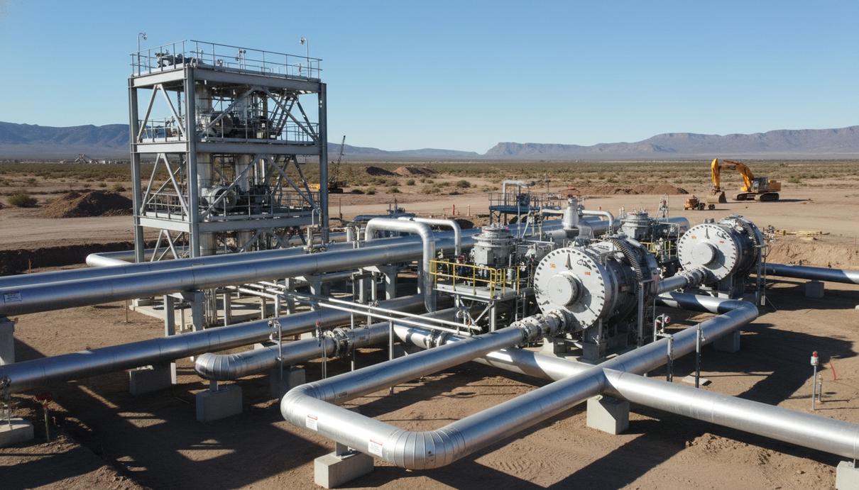 Baker Hughes поставит оборудование для экспортного СПГ-проекта в Аргентине Промышленные газовые турбины и трубопроводы компрессорной станции на фоне засушливого ландшафта Аргентины