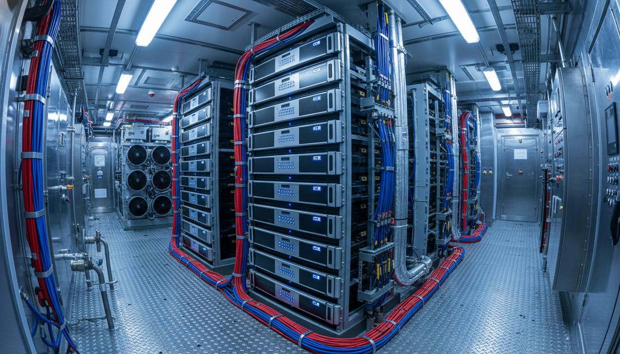 RINA и Hanwha разработают гибридные системы для морского флота Промышленные аккумуляторные установки и силовое оборудование в машинном отделении современного судна.