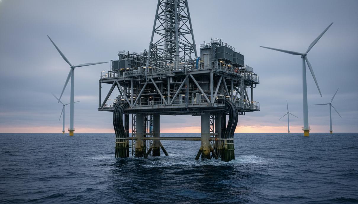 Металлическая морская платформа и ветрогенераторы в открытом море под облачным небом.