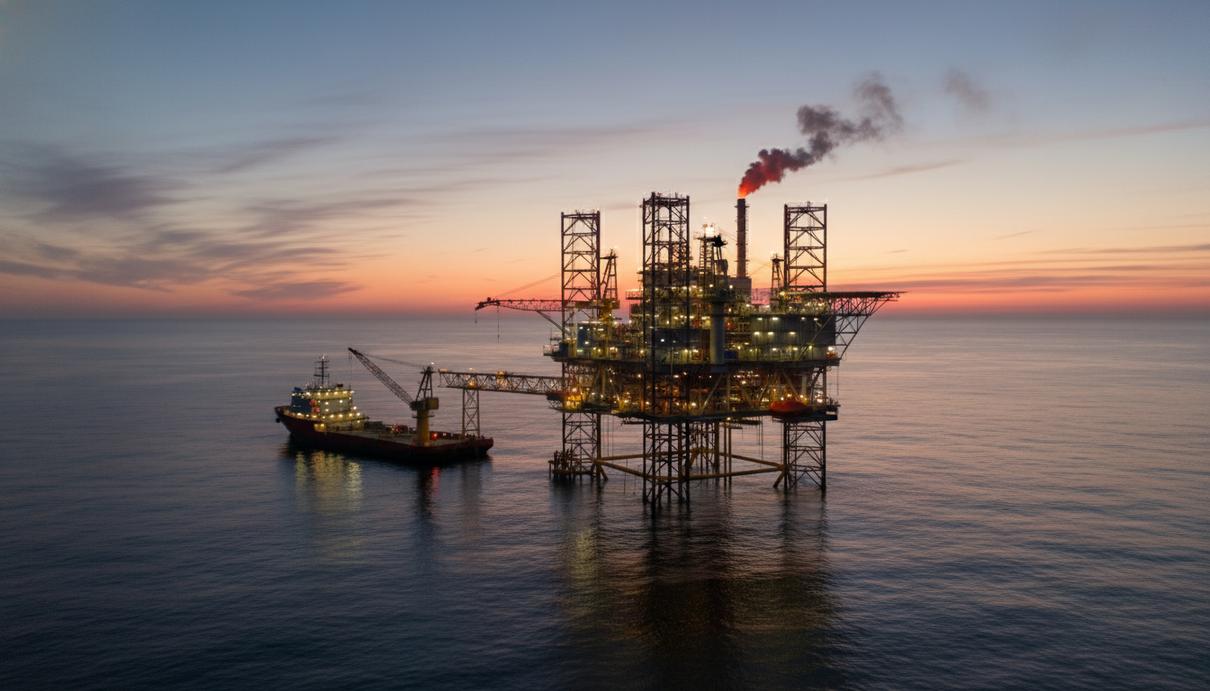 Морская нефтяная платформа в открытом море на фоне заката и стоящее рядом промышленное судно.