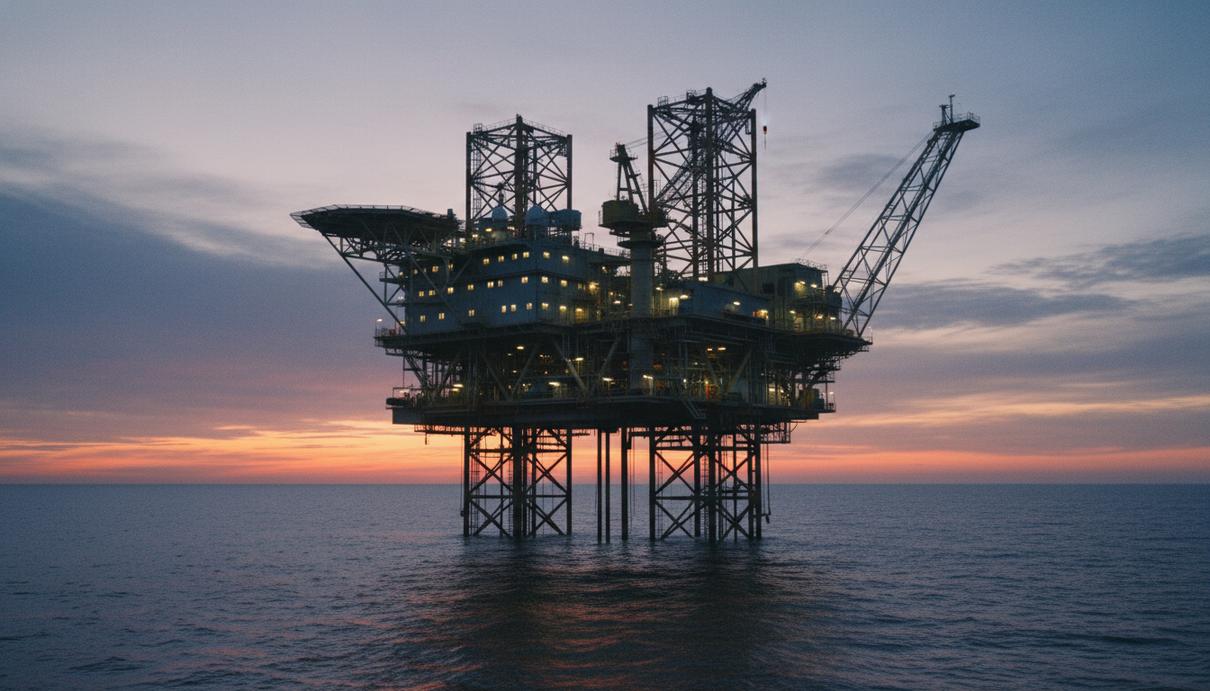 Aker BP получила разрешение на использование жилой платформы на проекте Valhall Самоподъемная жилая платформа на высоких опорах в открытом море на фоне заката