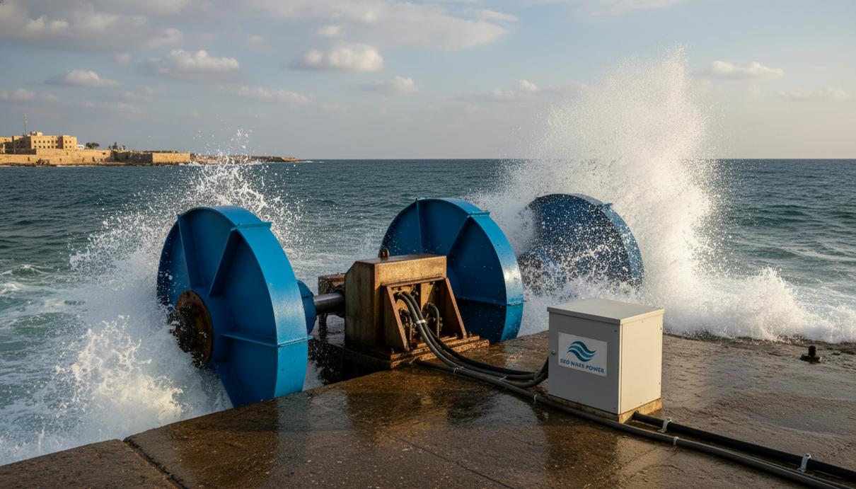 Испытания волновой электростанции в порту Яффа подтвердили ее эффективность Гидравлические поплавки волновой электростанции закреплены на бетонном волнорезе в морском порту