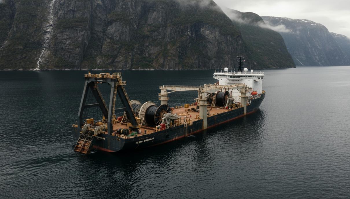 Судно-кабелеукладчик в глубоком норвежском фьорде на фоне скалистых берегов.