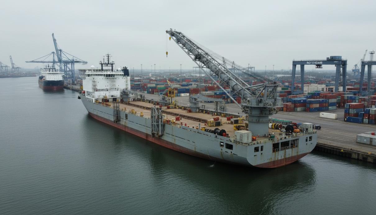 Boskalis подготовила крупнейшее в мире судно для донной отсыпки камня Специализированное судно Windpiper для подводной отсыпки камня у причала в промышленном порту Роттердама