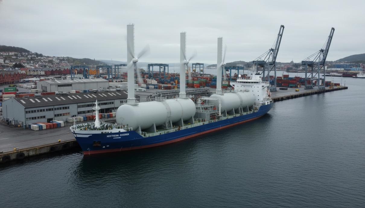 Третье судно для перевозки углекислого газа передано проекту Northern Lights Специализированный танкер для перевозки углекислого газа с роторными парусами у причала в порту.