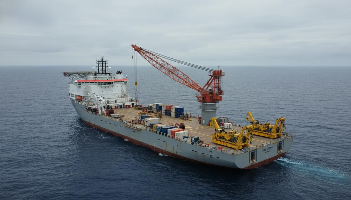 Специализированное морское судно с палубным краном и глубоководным оборудованием в открытом море