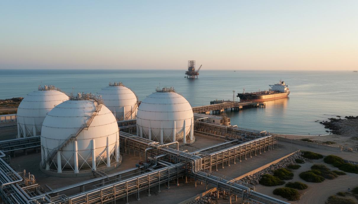 Белые сферические резервуары для хранения газа и сеть трубопроводов на фоне морского горизонта.