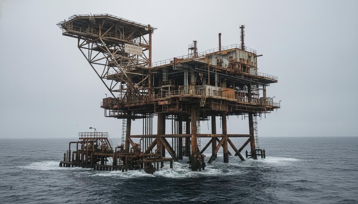 Регулятор Великобритании оштрафовал EnQuest за задержку ликвидации скважин Вид на недействующую морскую нефтяную платформу в Северном море при пасмурной погоде.
