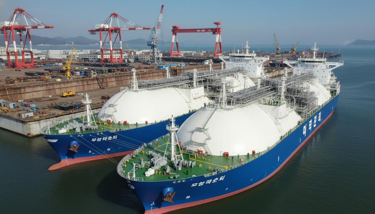 Exmar ввела в эксплуатацию первые в мире газовозы на аммиачном топливе Два современных грузовых судна-газовоза у причала судостроительного комплекса в промышленном порту.