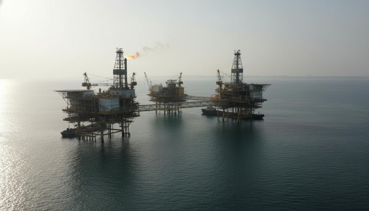 GUPCO увеличила добычу нефти в Суэцком заливе до многолетнего максимума Морская нефтяная платформа и добывающие мощности в акватории Суэцкого залива на фоне горизонта