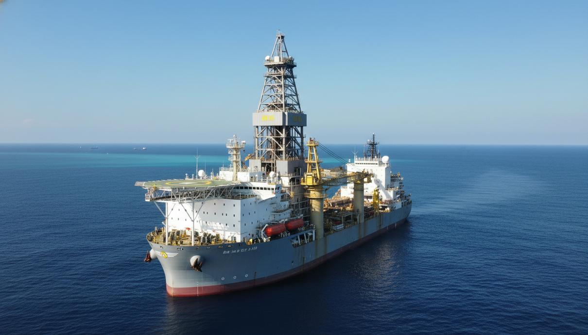 Турция приступила к бурению глубоководной скважины у берегов Сомали Современное буровое судно с высокой вышкой и вертолетной площадкой в открытом море