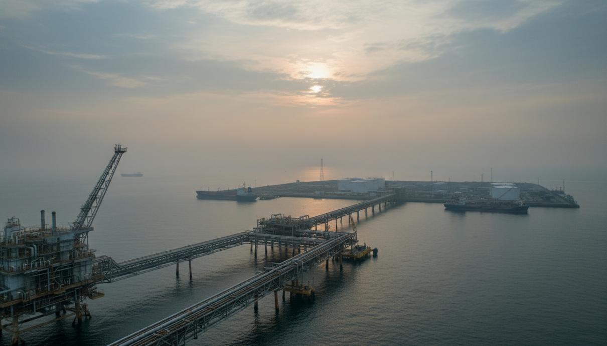 Газодобывающая платформа и береговой промышленный терминал со стальными трубопроводами в Малайзии