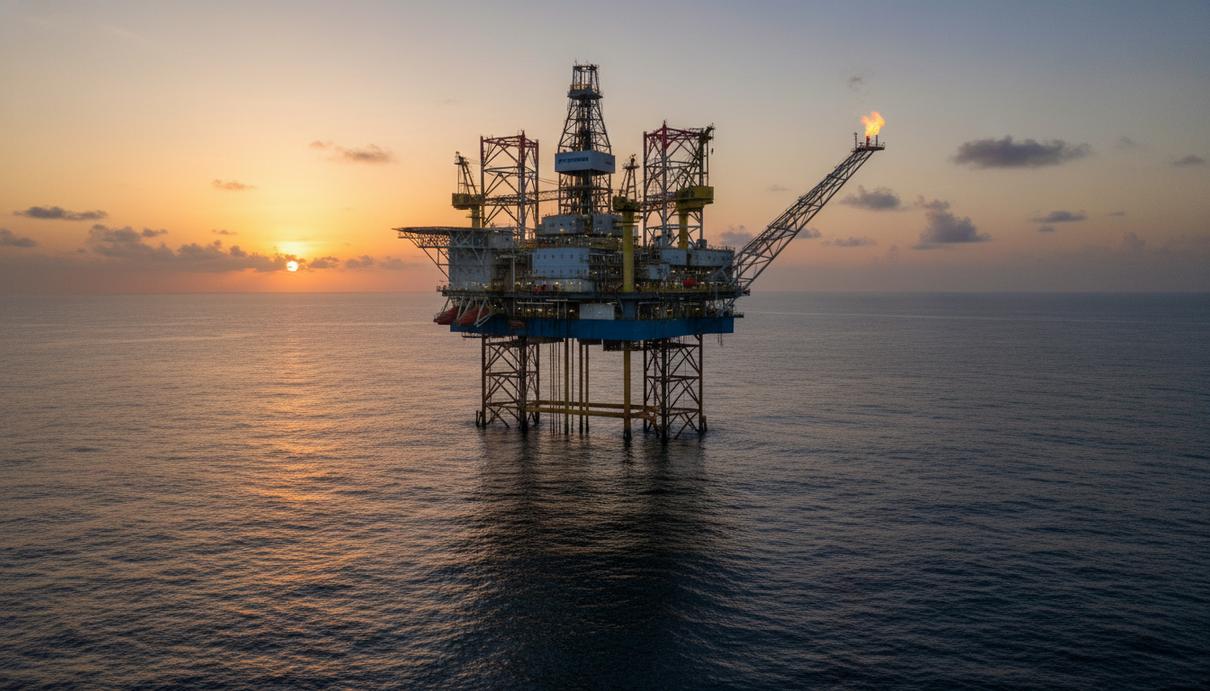 Полупогружная буровая установка на нефтяном месторождении в открытом море в лучах заката