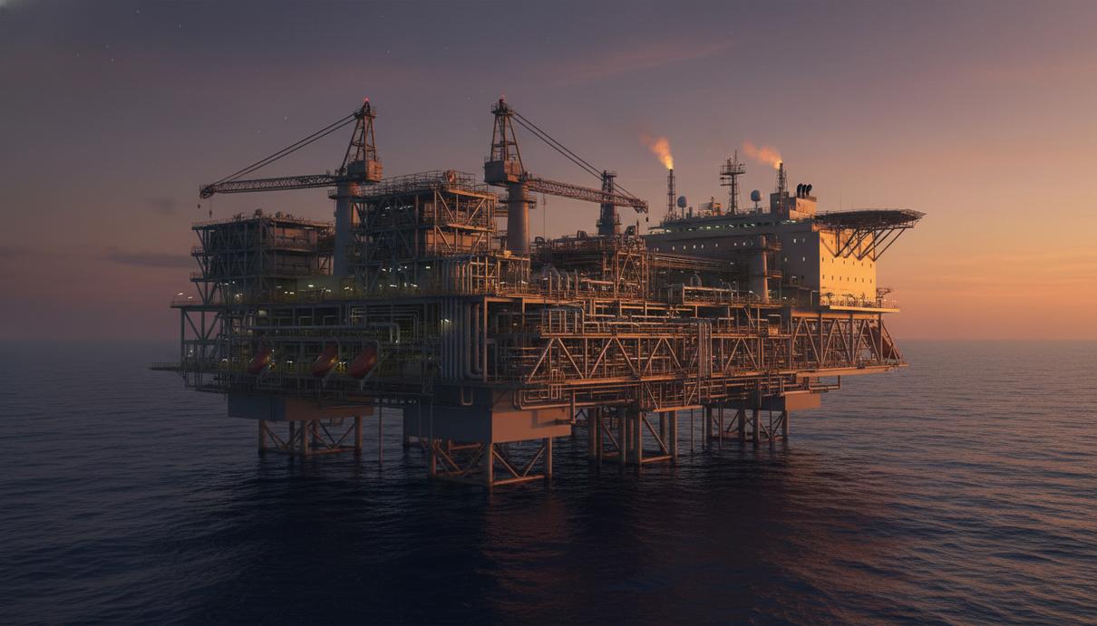 Массивная плавучая нефтедобывающая платформа на фоне морского горизонта в сумерках.