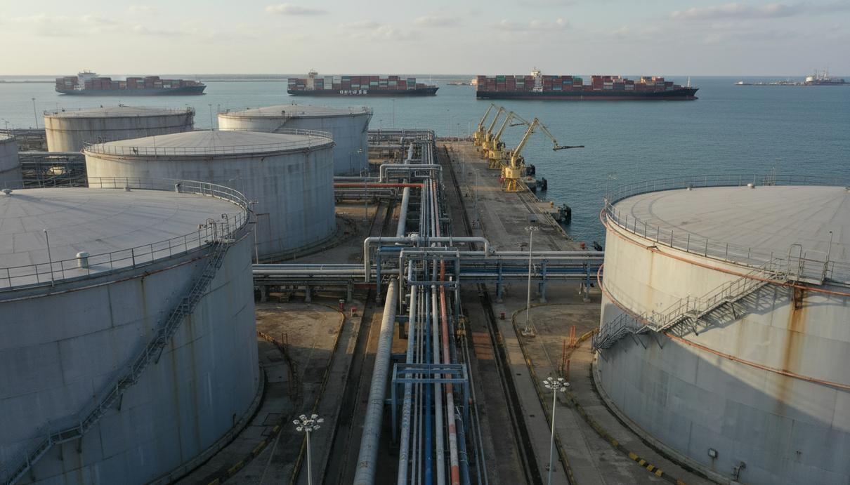 Venture Energy наладит экспорт зеленого метанола из Китая в 2026 году Промышленные резервуары и трубопроводы для перевалки топлива в морском грузовом порту