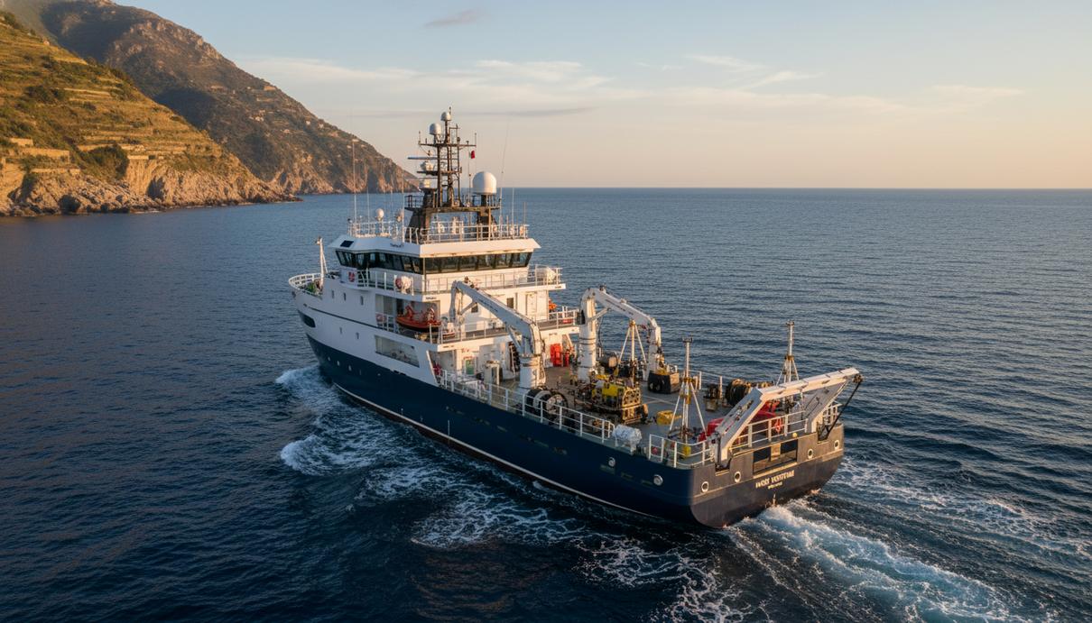 Terna выбрала подрядчика для изысканий по энергомосту между Лацио и Ломбардией Специализированное исследовательское судно в море у берегов Италии для изучения морского дна.