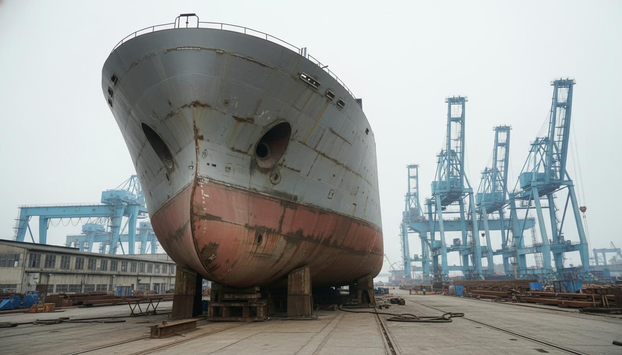 Секция стального корпуса строящегося судна на стапелях современного судостроительного завода в Шэньчжэне