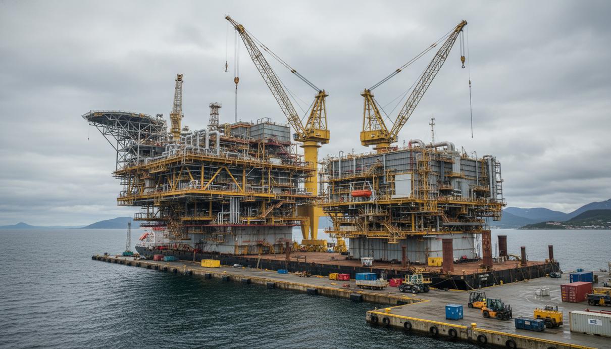 Aker BP завершила ключевой этап строительства объектов на шельфе Норвегии Транспортировка верхнего строения морской платформы и технологического модуля на верфи в Норвегии
