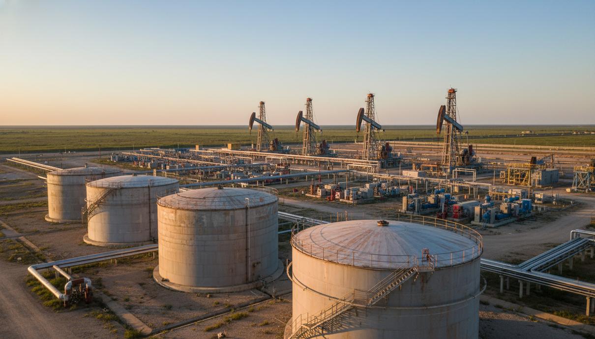 Промышленная площадка для добычи нефти с резервуарами и трубопроводами в нефтеносном поясе Ориноко.