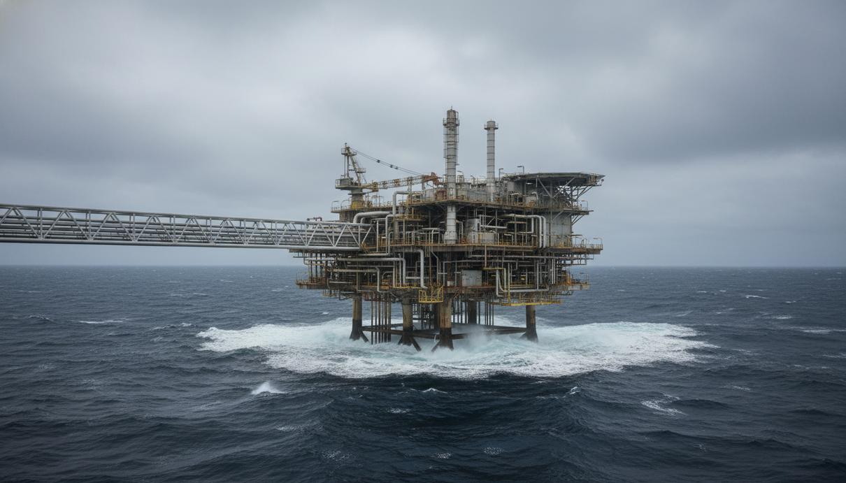 Perenco расширила присутствие в британском секторе Северного моря Морская газовая платформа со стальными опорами и сетью трубопроводов на фоне неба