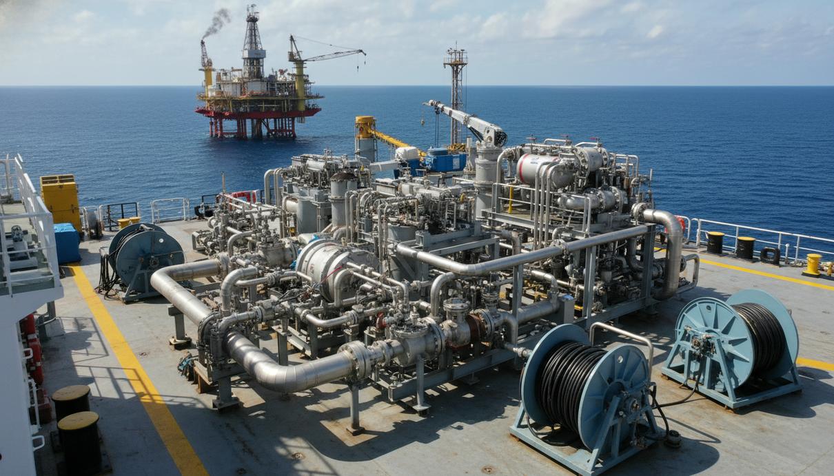 Специализированное морское оборудование для закачки углекислого газа на палубе технического судна.