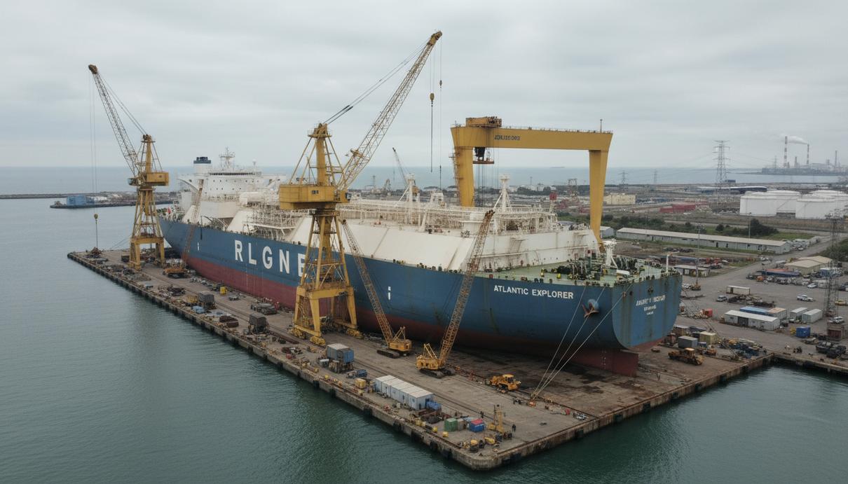 Крупный танкер для перевозки сжиженного газа в промышленном доке на фоне портовых кранов